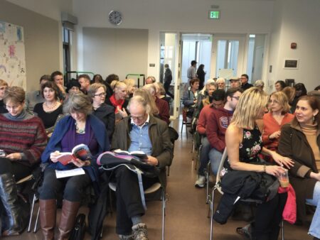 Audience members get ready to enjoy the Salon Reading of Susan Jackson's SAMARITAN.  Jan 17, 2016.